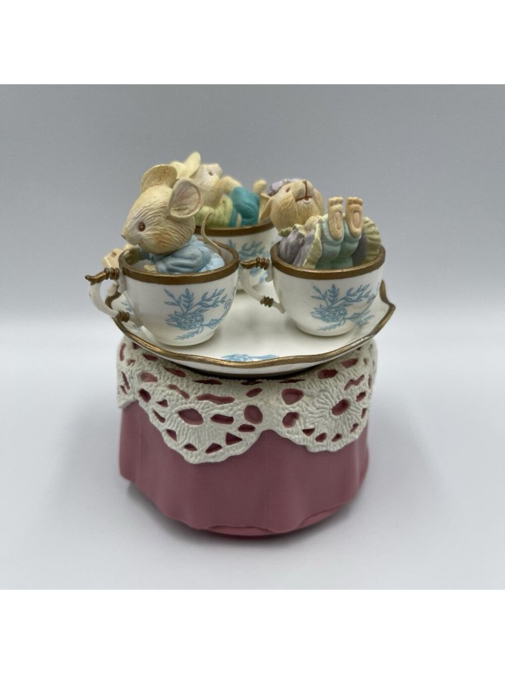 Vintage 1993 Enesco "Tea For Two" Music Box Mice In Spinning Tea Cups WORKS
